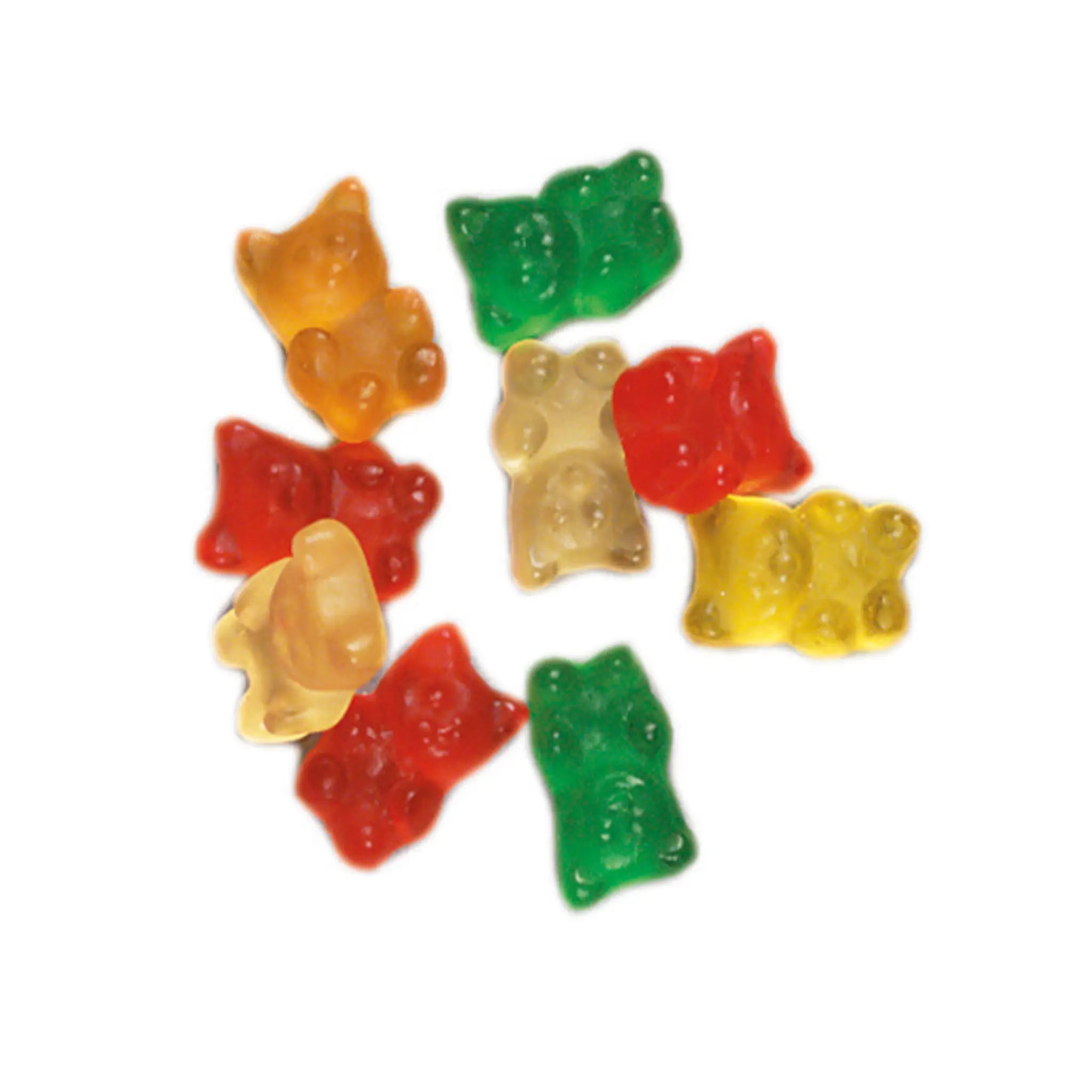 Nine pieces of Swedish candy shaped like bears in white, yellow, orange, red and green.