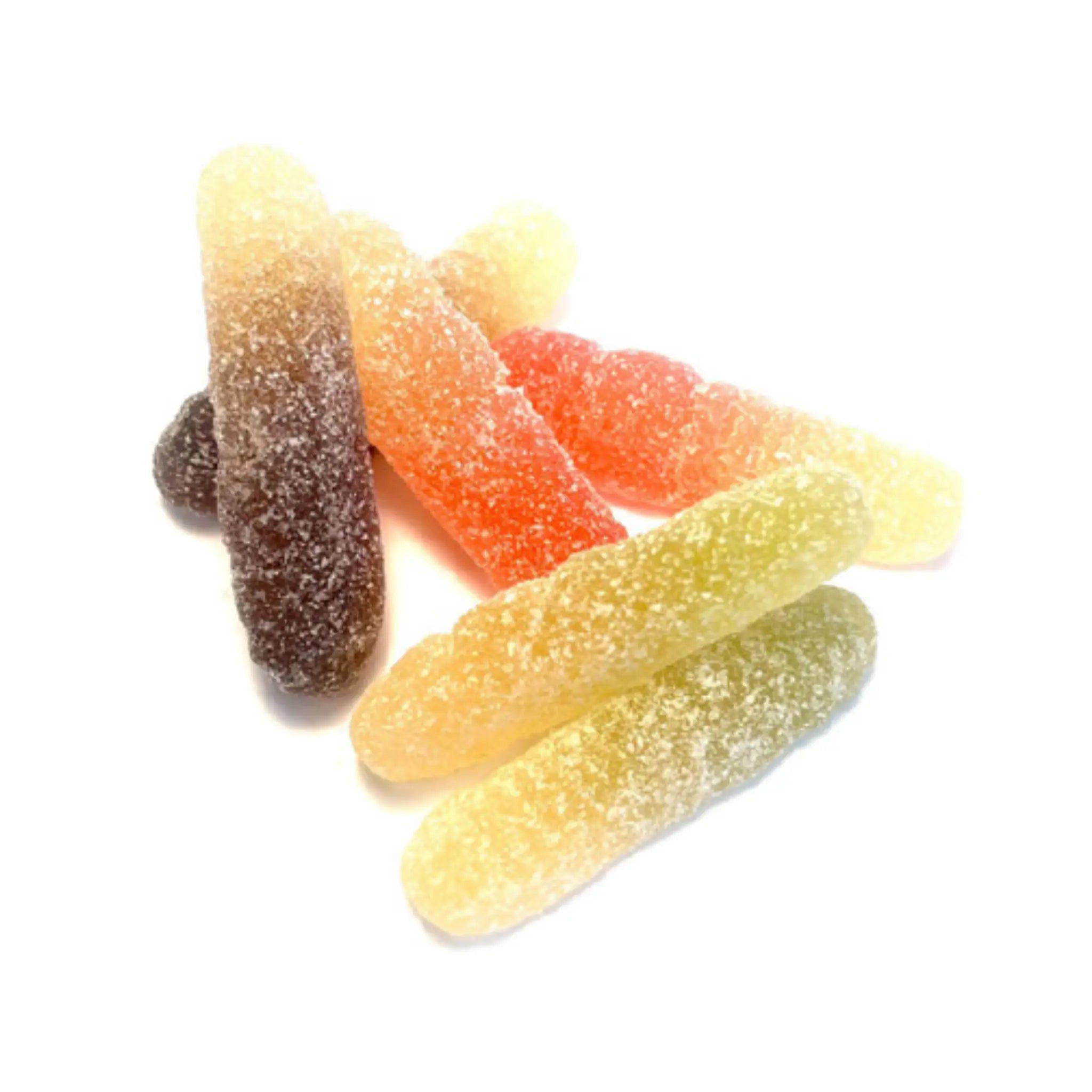 Sour Swedish candy in the shape of worms and in different colors (brown, orange, green and white)