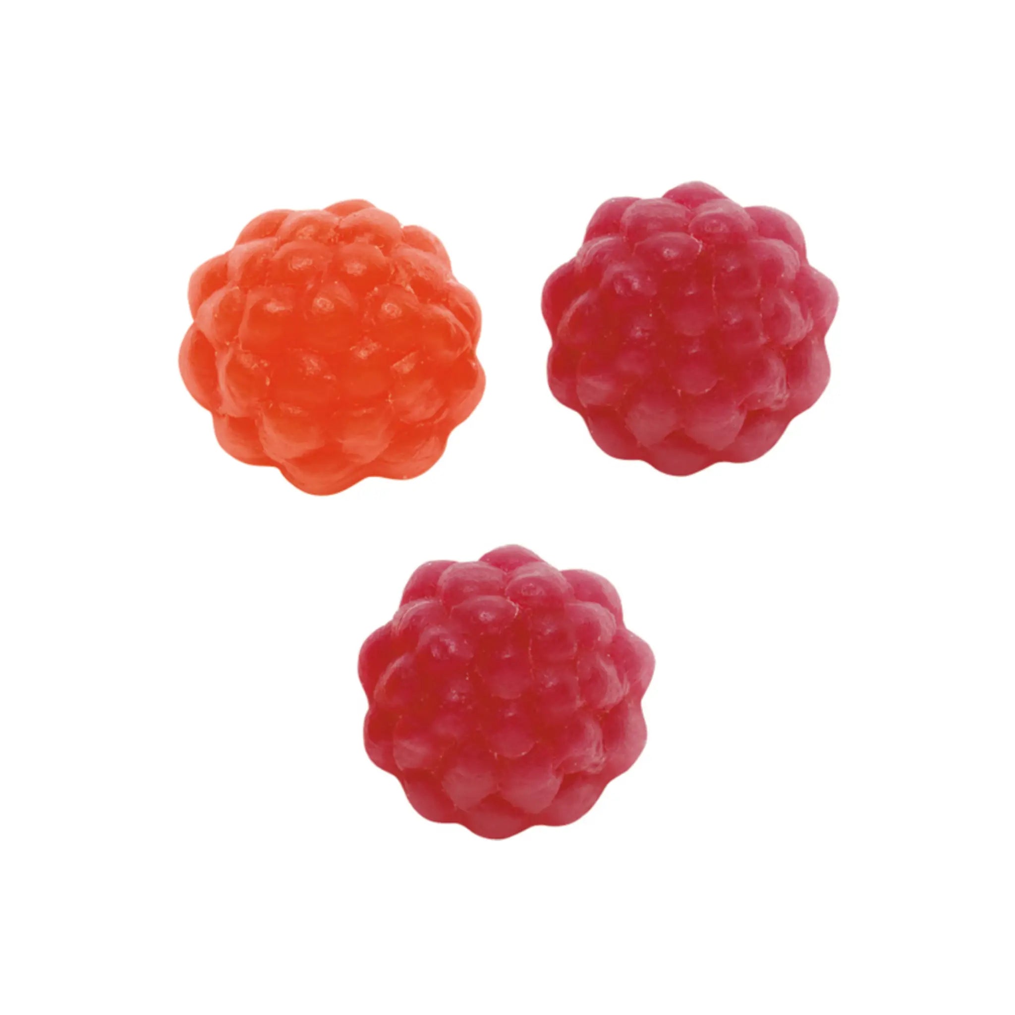 Three pieces of Swedish candy in the shape of berries, two in red and one in orange.